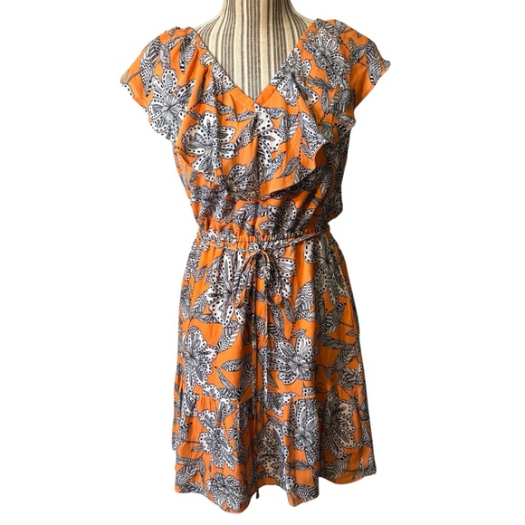 LOFT Dresses & Skirts - LOFT Dress XS Orange Black White Floral Mini Retro Ruffled Elastic Neckline Boho